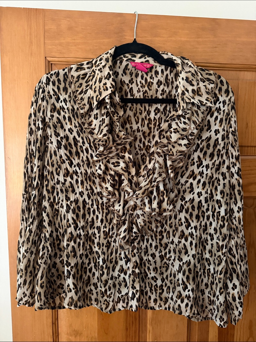 Vintage Y2K Leopard Ruffle V-Neck Blouse - Tan & Black size Large